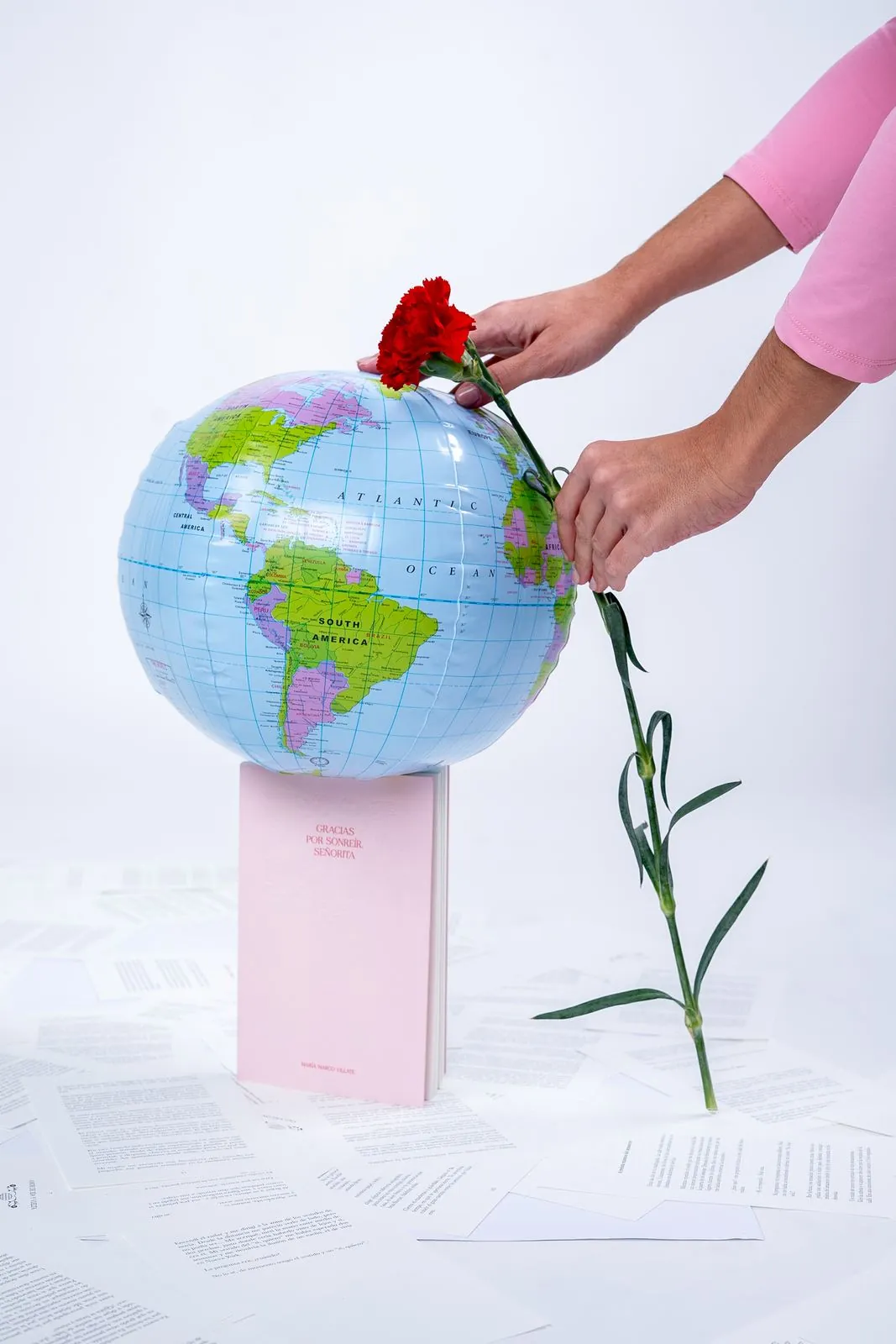 Globo terráqueo y clavel rojo sobre un libro